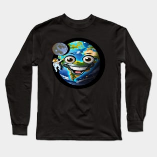 The astronaut hanging on the moon in front of the cute Earth Long Sleeve T-Shirt